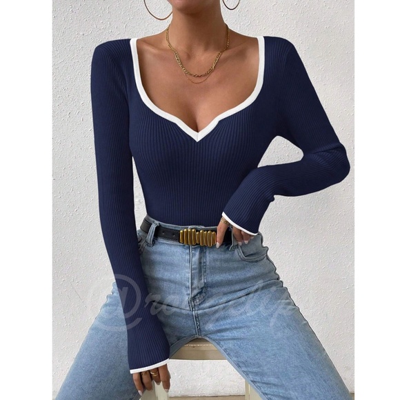 Navy Blue Rib Knit Sweetheart Neck Contrast White Trim - Picture 2 of 9